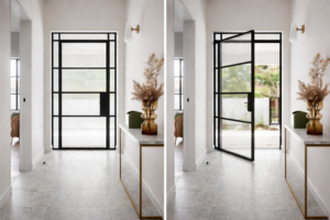 Glass Entrance door into elegant foyer, with black aluminium frame.