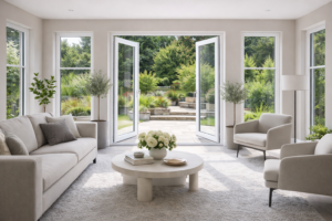 Elegant Toorak Sitting Area opening out into a beautifully curated garden through double doors