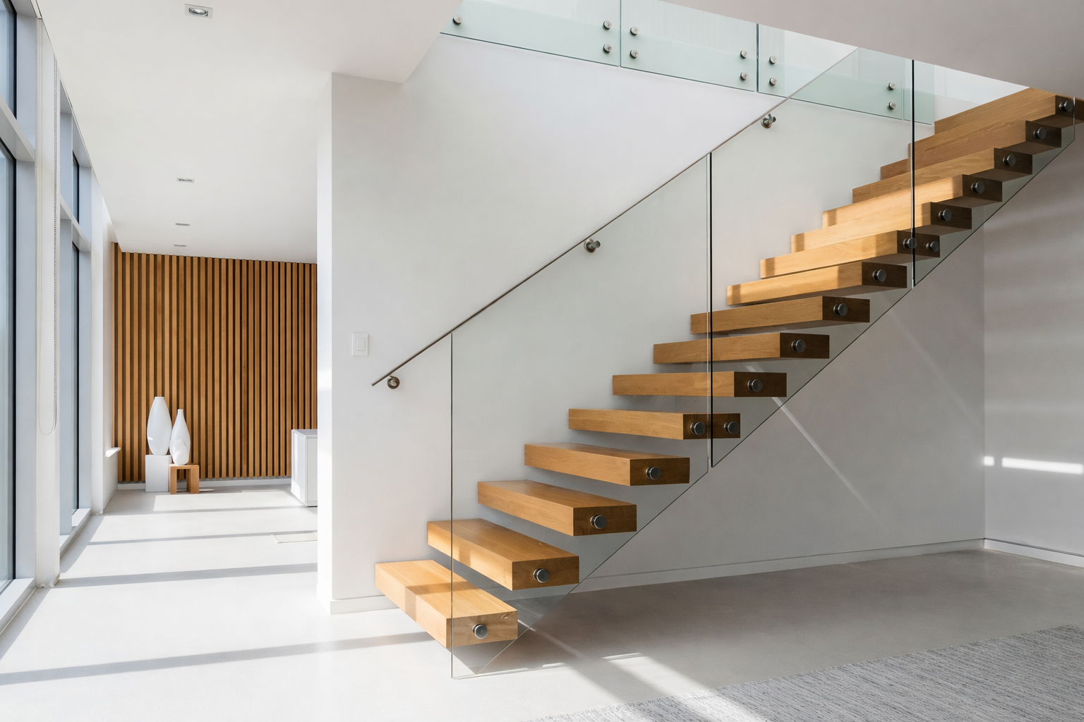 Floating staircase, with aluminium wall panelling in the background