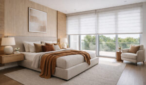 Spacious guest bedroom with neutral colours palette and automated blinds