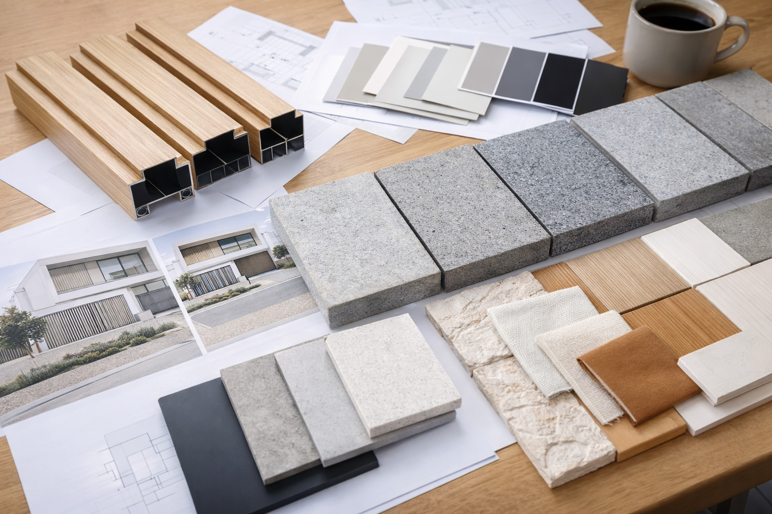 Martha Cove project planning, including stone, tile, batten and cabinetry samples and swatches