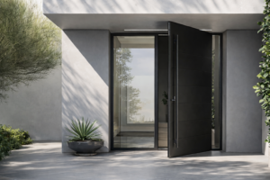Toorak Project, architectural steel security entrance door, set against a light, contemporary concrete facade