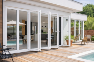 White uPVC bi-folding doors, opening out onto a beautiful pool deck